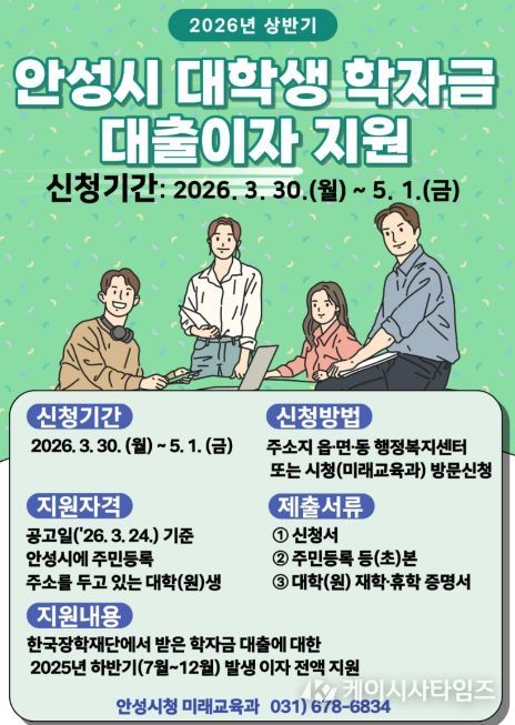 안성시, ‘상반기 대학생 학자금 대출이자 지원’ 5월 1일까지 접수