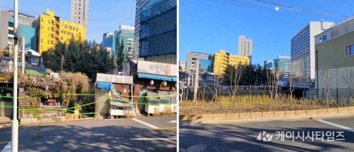 서대문구가 장기간 무단 점유돼 도시 경관을 저해하던 경의중앙선 철로 주변(충정로3가 155-5 일대 경의 제2녹지)을 ‘완충녹지’로 복원했다. 사진은 전후 비교 모습.