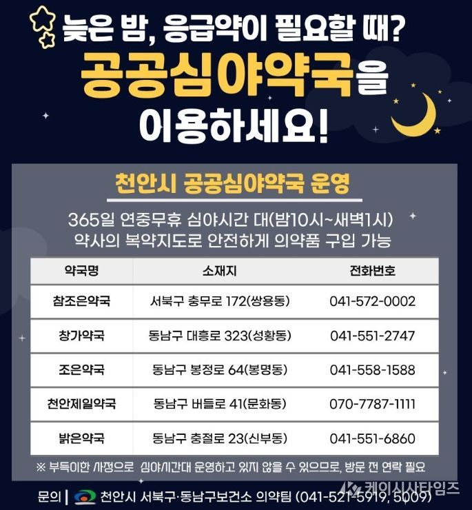1. 천안시 공공심야약국 홍보문.