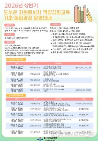 중구, ‘도서관 자원봉사자 역량 강화 교육’ 참여자 모집