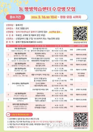 부산 동래구, 2026년 상반기 동 평생학습센터 수강생 모집